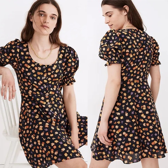 Madewell Dresses & Skirts - Madewell 2 Smock Sleeve Button Front Mini Dress in Happy Hibiscus Blue Orange